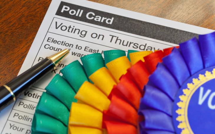 Poll Card with various rossetts in the foreground 
